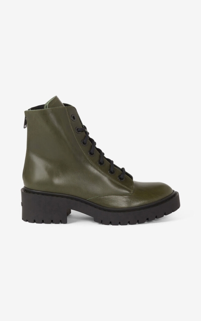 Kenzo Women Lace-up Pike Leather Ankle Boots Dark Khaki